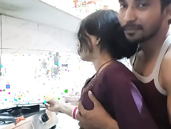 Red-hot Indian teen with massive titties gets frolic in the kitchen with her boyfriend